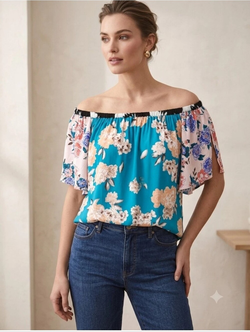 Shyanne Turquoise Floral Off-Shoulder Top with Floral Sleeves